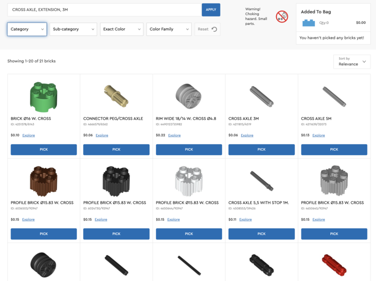 Image shows the Pick a Brick search for "CROSS AXLE, EXTENSION, 3M" showing the first two rows of results and the images from the third. 