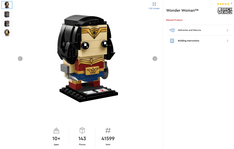 Image shows the Wonder Woman™ BrickHeadz™ entry on the LEGO.com website.