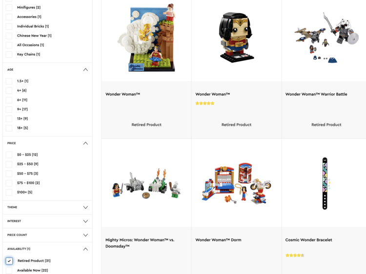 Image is a screenshot of the search results for Wonder Woman filtered to only show the retired products. On the left are all the filter criteria while the right shows six related and retired Wonder Woman™ products.