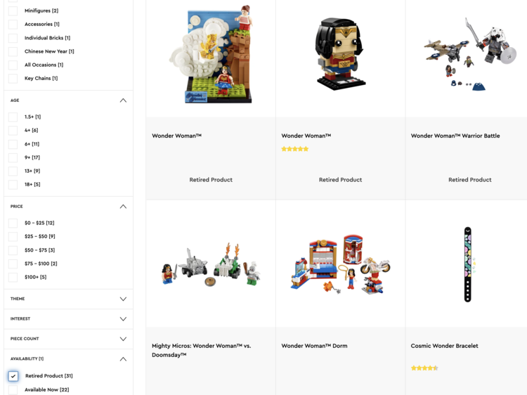 Image is a screenshot of the search results for Wonder Woman filtered to only show the retired products. On the left are all the filter criteria while the right shows six related and retired Wonder Woman™ products. 