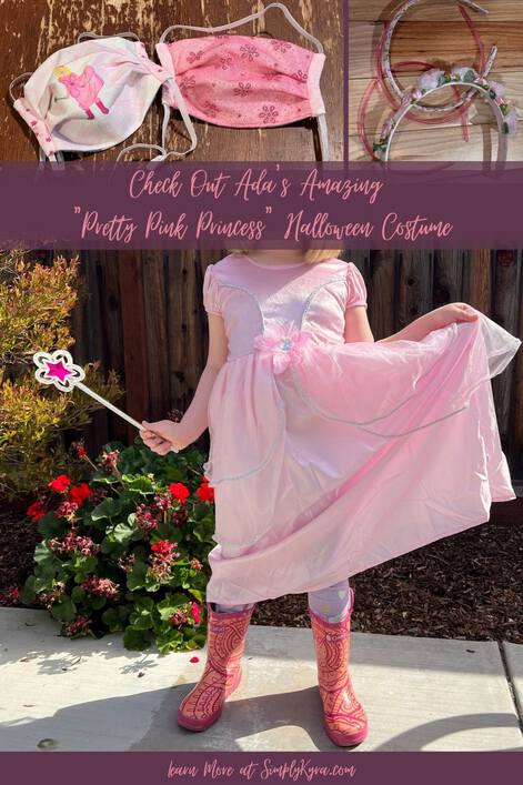 Pinterest-geared image with three photos, my blog's title, and my main URL. The main image shows Ada from the neck down wearing her costume. The top two images shows the final masks and a variety of possible pink headband crowns.