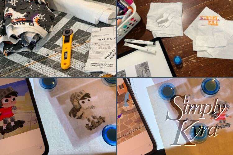 Collage of four images. From top left clockwise:
1. Fabric laid out beside the rotary blade and pattern.
2. The fabric laid out next to the fabric markers, printed screenshots, and light table. The fabric is white except for the small drawing Zoey made.
3. The phone is laid out next to the light table so I can trace what I can see through the paper while consulting with the original image.
4. Same sketch setup as 3 but now it's showing the birds being added behind the princess.