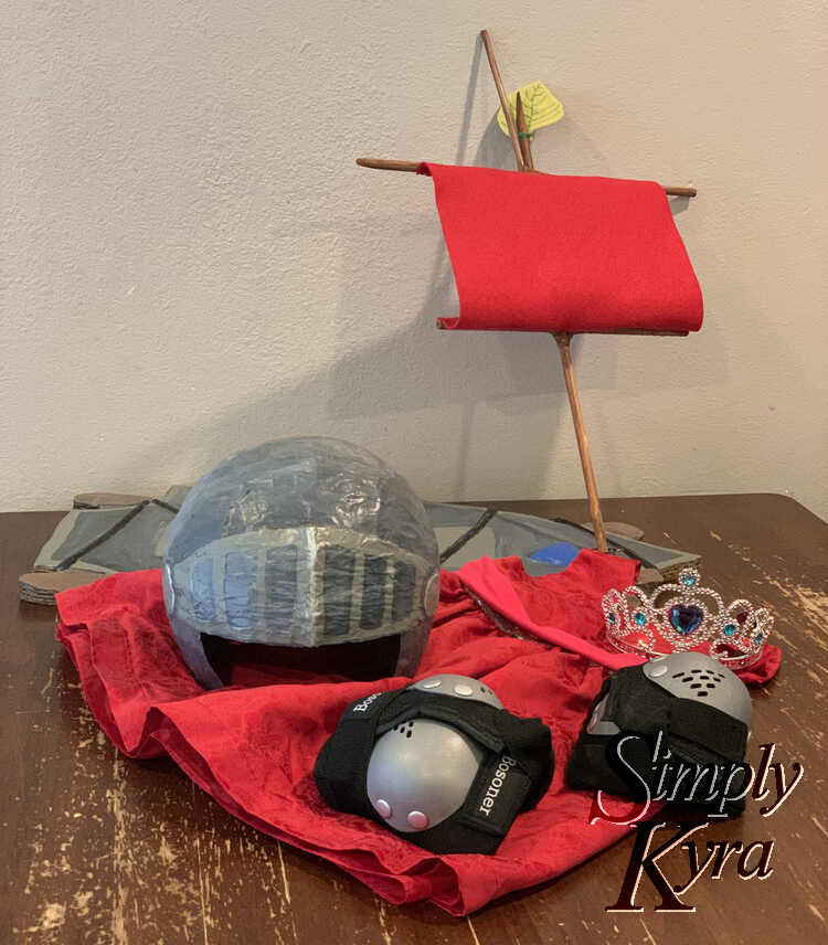 Image shows all the parts of the costume laid out on the kitchen table.