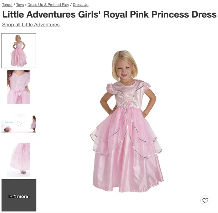 Image is a screenshot taken of the Target website showing the "little adventures girls' royal pink princess dress" with a main photo and littler thumbnails to the left.