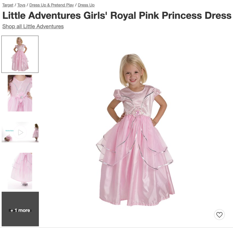 Image is a screenshot taken of the Target website showing the "little adventures girls' royal pink princess dress" with a main photo and littler thumbnails to the left. 