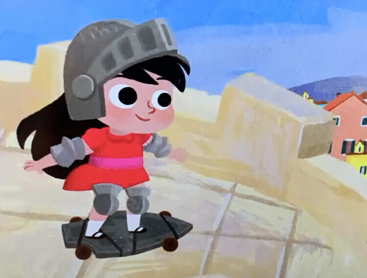 Image shows a screenshot from the Homer video with Princess Skateboarder wearing the knight's armor as a helmet, knee, and elbows pads. Her arms are outstretched as she skateboards by the turret's wall. 
