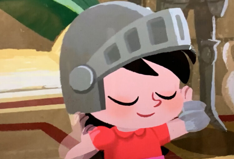 Image shows a closeup of the top half of Princess Skateboarder. The knight's helmet is on her head, her eyes are closed, and her hands are coming down from putting it on. 