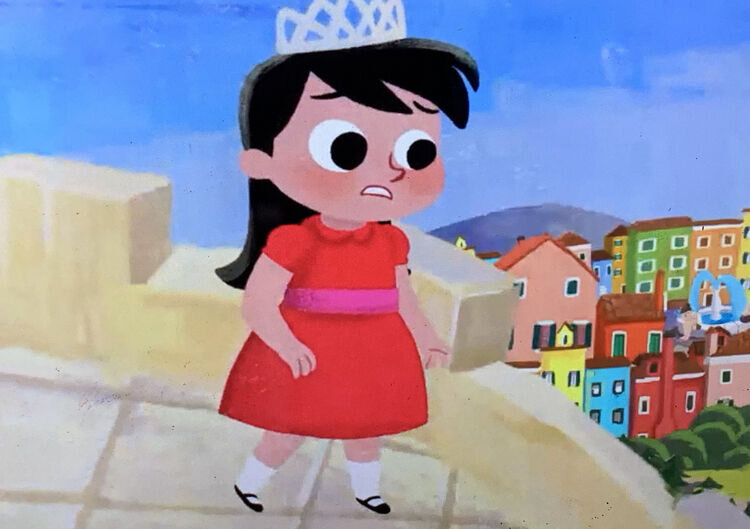 Image shows Princess Skateboarder in a red puffy dress and pink belt looking down on the town from her tower. 