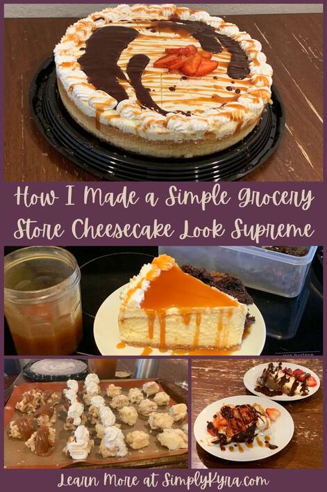 Pinterest-geared image showing four images of a supreme cheesecake (shown below), my post title, and my main URL.
