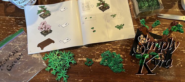 Image is taken from above showing the leaf-less bonsai tree to the right, the tinsel and scissors above it, the instruction book laid out open along the top, and the empty marked Ziploc bag and green pieces along the bottom. 