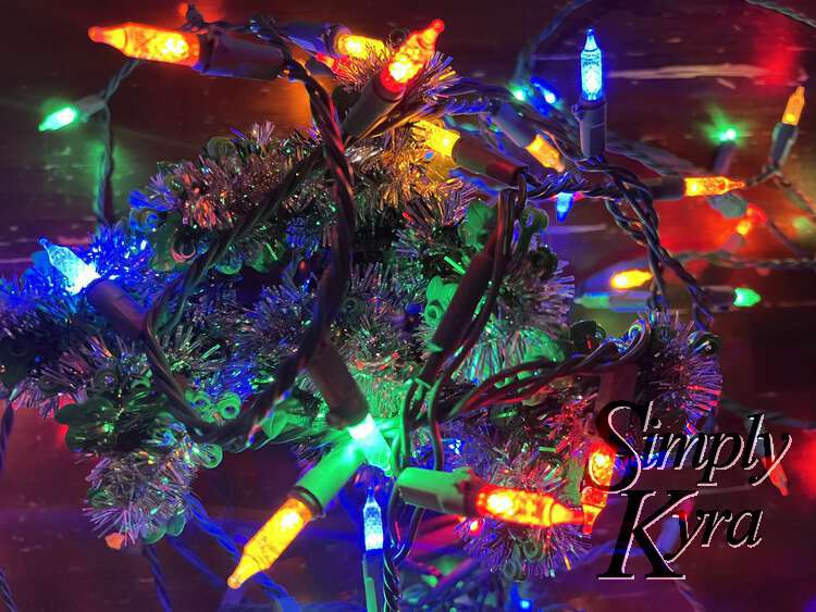 Looking at the lights draped over the bonsai with the slightly blurred lights in the background.