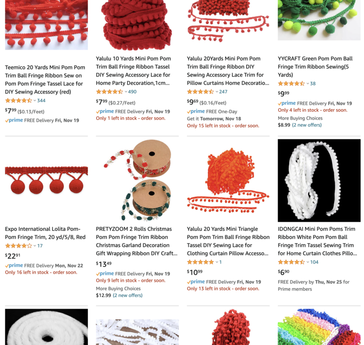Image again shows one full set of Amazon results and two part rows. These are more Christmas related but are mainly red, green, or white solid pom pom trim rather than multicolored. 