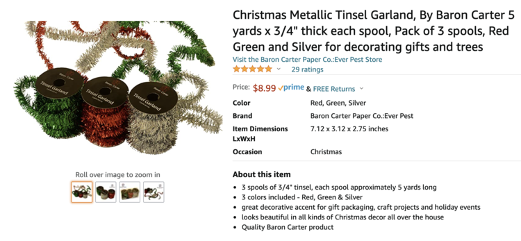 Image shows the Amazon listing with three spools of 5 yard wired tinsel about 3/4" thick. There are three spools side by side in the photo showing green, red, and silver. 