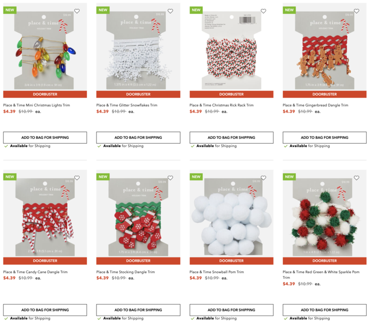 Image shows eight different holiday trim ranging from pom poms on trim (white snowballs or sparkly Christmas ons) to stocking, gingerbread people, or even lights. 