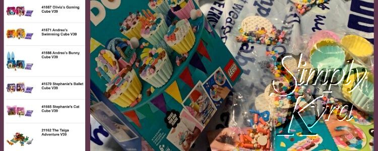 Image is a collage of two images. On the left it shows the cubes and Minecraft kits while the right shows the cupcakes laid out on the bed. 