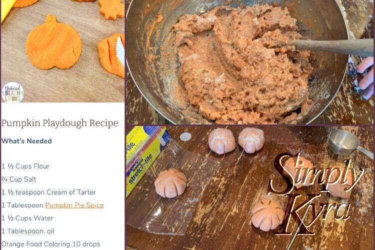 Image is a collage of three photos including a screenshot of the recipe I referred to, and image of the playdough being mixed together in a large metal bowl, and the pumpkin playdough shaped into pumpkins before being wrapped up. 