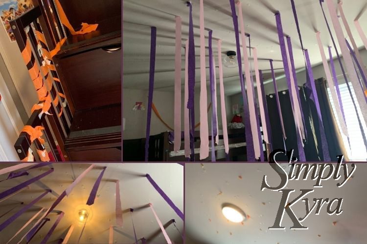 Image is a collage of four photos. The top left one shows orange crepe paper and masking tape wrapped around the stair railing. The top right and bottom left images show two views of the pink and purple crepe streamers on the ceiling. The bottom right shows the leftover orange and masking tape bits leftover after they were all pulled off. 