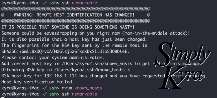 Image shows a screenshot of my terminal warning me about the identification change as the reMarkable had updated. It lists the file and the offending RSA key I'll need to remove to make this go away. 