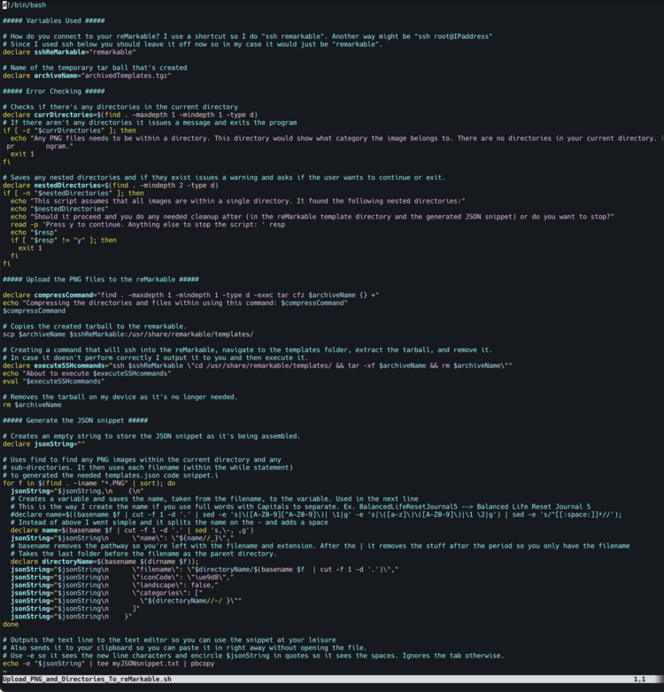 The bottom of the script lists the name: "Upload_PNG_and_Directories_To_reMarkable.sh". The rest is blue, pink, and yellow text against a black background. 