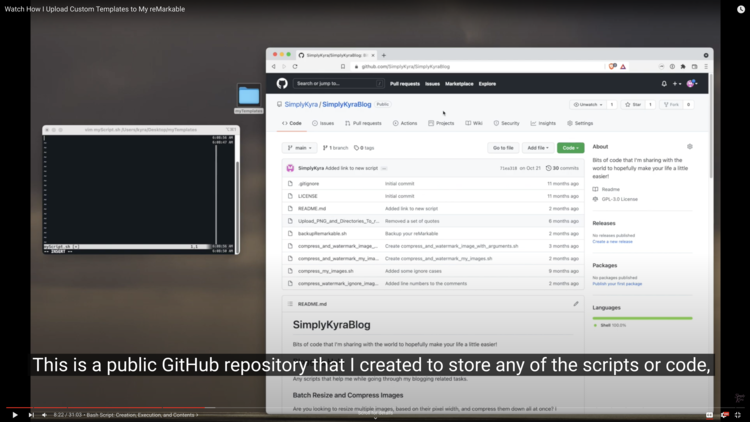 Screenshot of the video shows the empty script file in the terminal using vim on the left. On the right is the opened SimplyKyraBlog GitHub readme page. Near the bottom the captions says "This is a public GitHub repository that I created to store any of the scripts or code,"