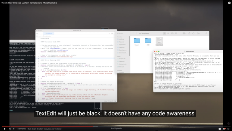 Image shows the opened terminal and window in the background. In front and to the side is the script opened in XCode (to the left) with color highlighting and in TextEdit (to the right) all in black text. Caption says: "TextEdit will just be black. It doesn't have any code awareness."