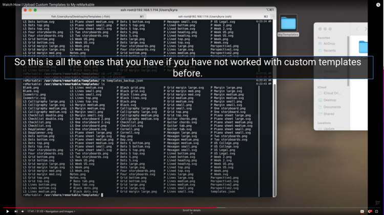 Screenshot of the video is mostly focused on the terminal with the window cut off on the right. It shows a list of all the default templates (PNG and SVG for each name) and the templates.json file. The caption is centered on the screen, to not block the image, and says "So this is (edit: these are) all the ones that you have if you have not worked with custom templates before."