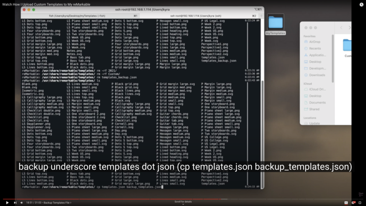 Screenshot of the video shows the same view as before with the default template images listed in a terminal. Now, at the bottom, you can see the line: cp templates.json backup_templates.json. The caption says "backup underscore templates dot json (cp templates.json backup_templates.json)" 