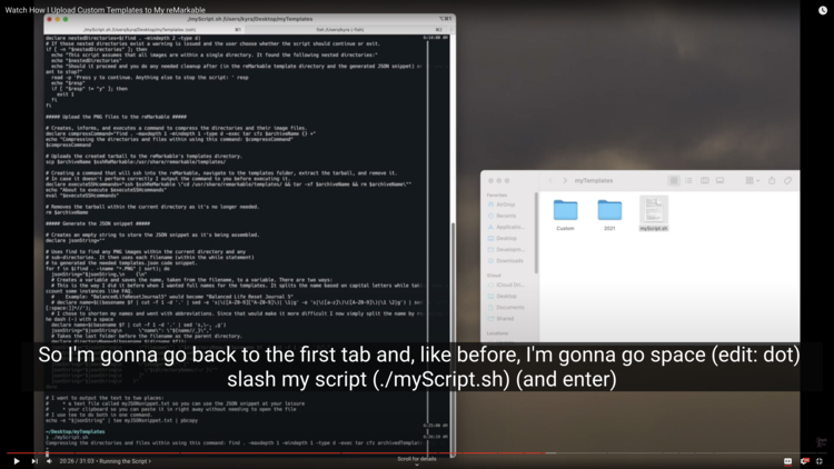 Image shows the terminal on the left and the open window. The terminal shows mostly black text from cating the file. At the bottom it executed the script with "./myScript.sh" 
Caption says: "So I'm gonna go back to the first tab and, like before, I'm gonna go space (edit: dot) slash my script (./myScript.sh) (and enter)"