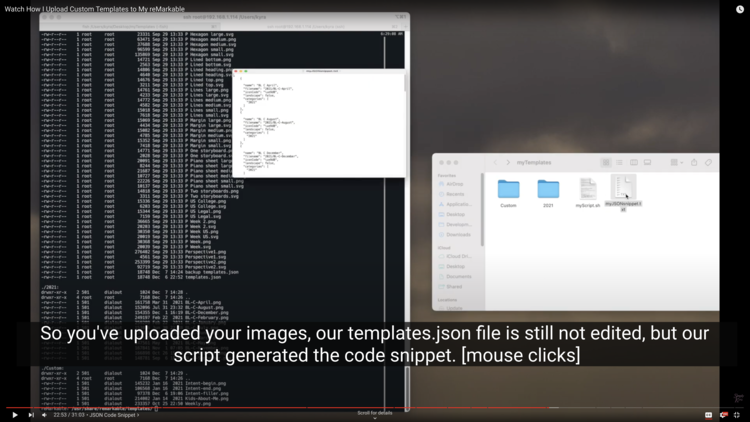 Screenshot of the video shows the newly created JSON snippet file opened. This overlaps with the terminal showing the contents of the templates directory. In the window this snippet file is highlighted with the mouse overtop. The caption says "So you've uploaded your images, our templates.json file is still not edited, but our script generated the code snippet. [mouse clicks]"