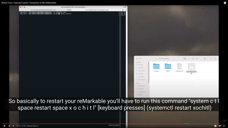 Screenshot of the video shows the terminal with the restart command "systemctl restart xochitl" typed in right after the arrow was tapped in the search. The caption below says "So basically to restart your reMarkable you'll have to run this command "system c t l space restart space x o c h i t l" [keyboard presses] (systemctl restart xochitl)"