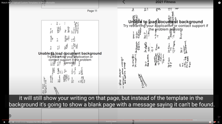 Screenshot of the video displaying two images. Both show a view of an app, one my macOS and one my iPhone, where the template isn't shown. The caption says: "it will still show your writing on that page, but instead of the template in the background it's going to show a blank page with a message saying it can't be found."