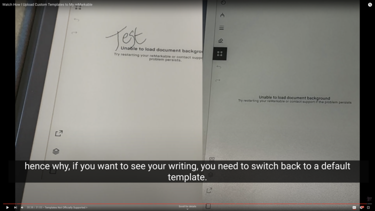 Screenshot from the video shows two images. The one on the left is from before the update when you could see your text but not the template. The one on the right is from later and only shows the message on a blank background. The caption says "hence why, if you want to see your writing, you need to switch back to a default template."