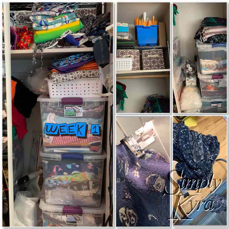 Image shows a collage of five images and the text saying "week 1". In it is a messy fabric strewn closet, left, with the top two images on the right showing the final organized closet. The bottom two images on the right shows the pile of yardage I serged (right) and me serging it on the left. 