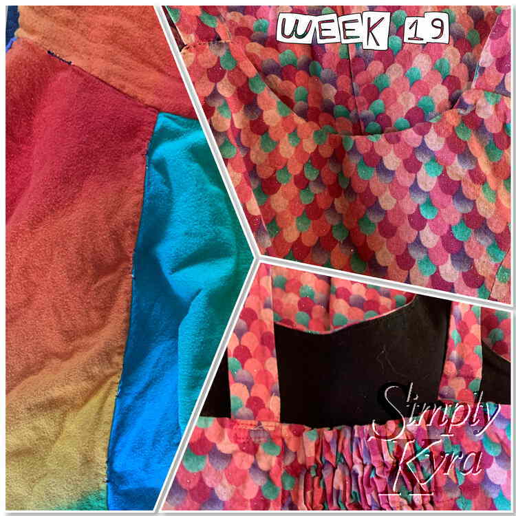 Collage shows three images with angled lines separating them. The left one shows a rainbow nightgown with stitching along the seam keeping it together longer. The two right ones show the front (top) and back (bottom) of a mermaid dress. Along the top it says "week 19"