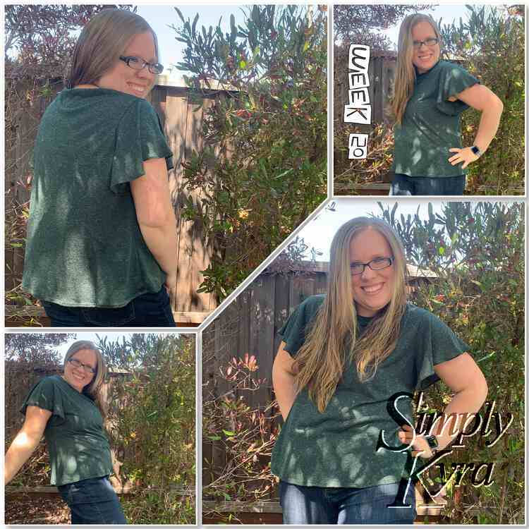 Collage shows four images with the words "week 20" going down sideways along the top right image. All four show me wearing a green flutter sleeved top in front of a brown fence and leafy bushes. 