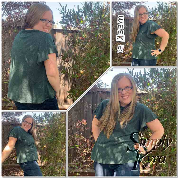 Collage shows four images with the words "week 20" going down sideways along the top right image. All four show me wearing a green flutter sleeved top in front of a brown fence and leafy bushes. 