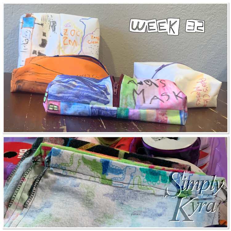 The text "week 32" is overlaid over the top image of the four finished zippered pouches while the bottom image shows the cinched bags, inside out, before the ribbon is added. 