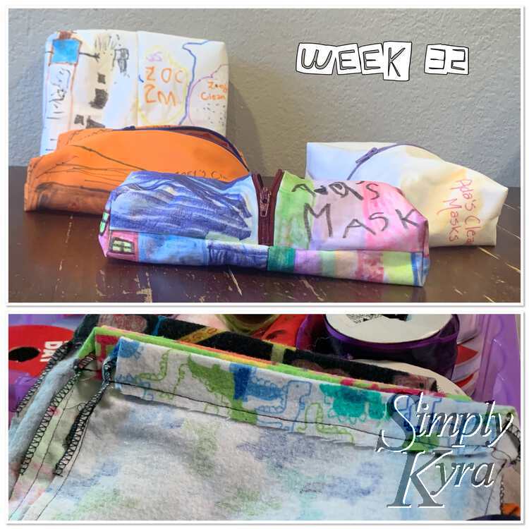The text "week 32" is overlaid over the top image of the four finished zippered pouches while the bottom image shows the cinched bags, inside out, before the ribbon is added.