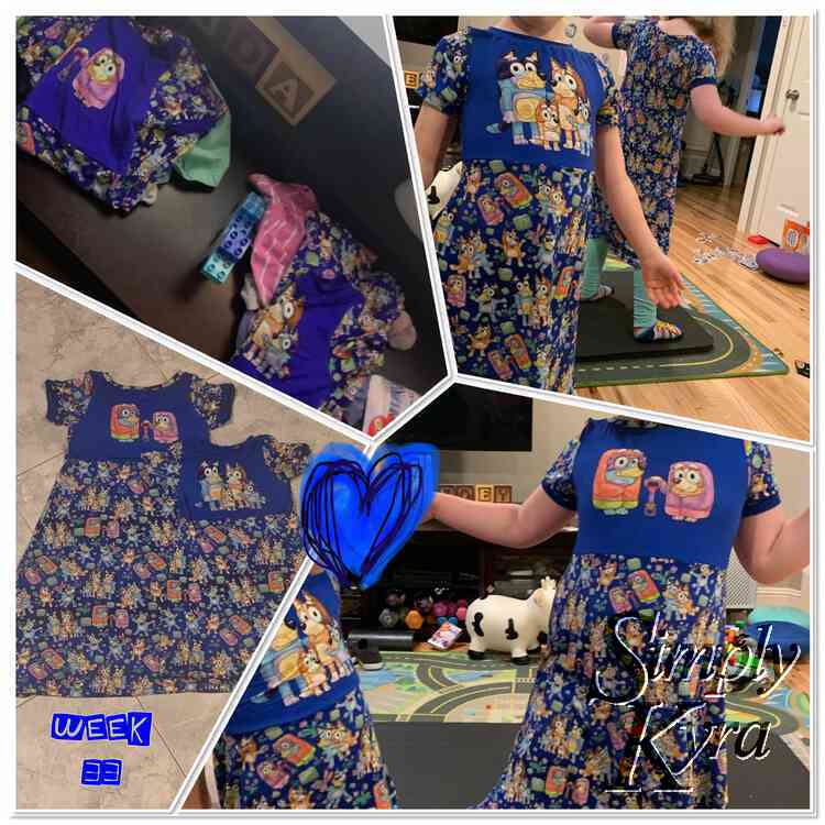 Image shows a collage of four images along with blue text saying "week 33". The two left images show the clothing laid out on the floor and folded for the next morning. The two images on the right show the dress being worn. 