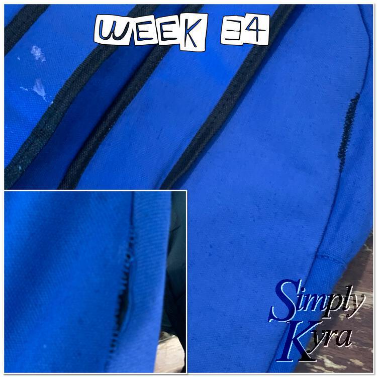 Image shows a smaller image with the ripped backpack on the lower left side while the main image shows a back of the backpack with the edge zigzag stitched closed. The text along the top says "week 34"