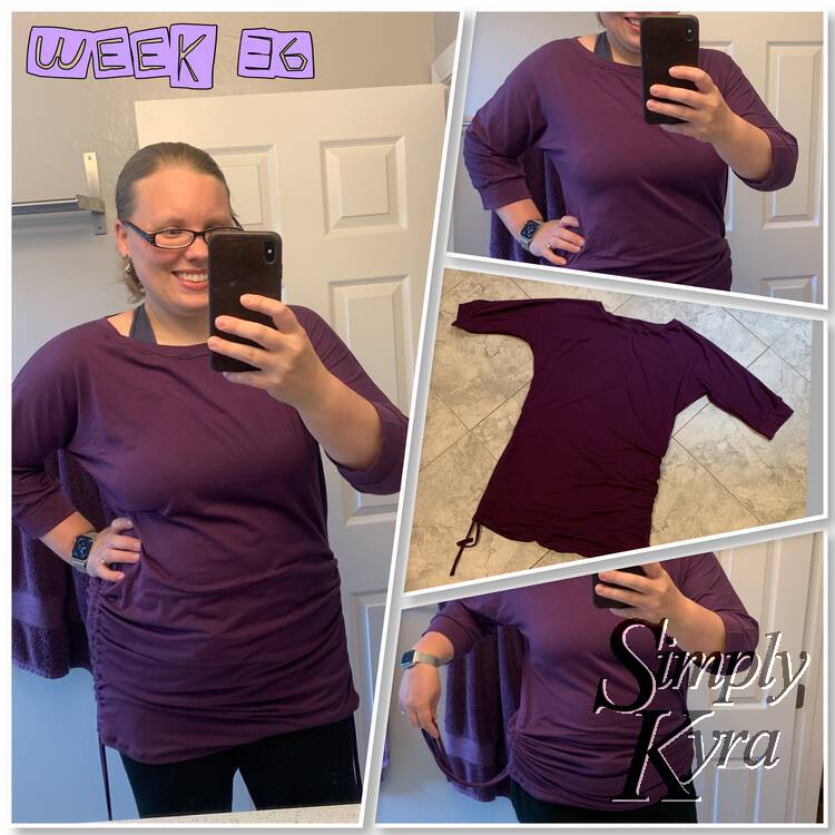 Collage is a large image on the left with the text at the top saying "week 36". Along the right side are three other images. One of the images shows the shirt laid out on the floor while the other three shows me wearing it and taking selfies in the bathroom mirror. 