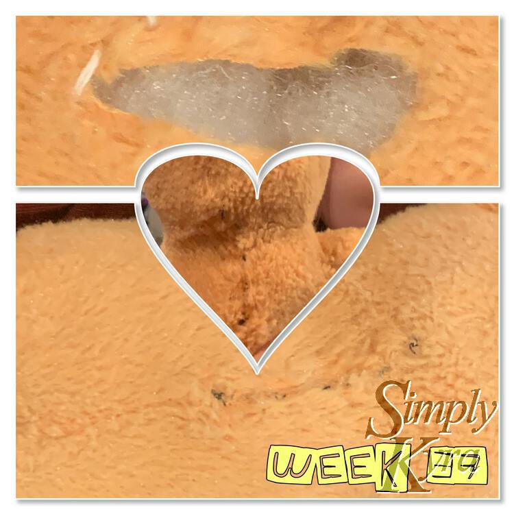 Collage shows three images with yellow text saying "week 37" at the bottom. The top image shows a hole in fuzzy fabric while the bottom image and the heart image in the center shows the stitched up seam. 