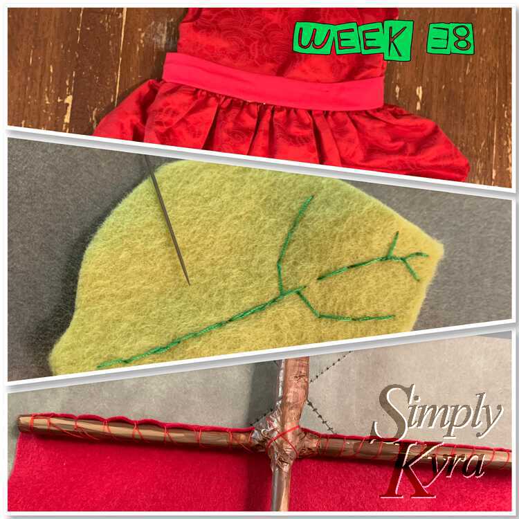 Image is a collage showing three images on top of each other with angled dividers. At the top it says "week 38" in green. The top image shows a pink knit belt around a red dress with a glimmer of silver under it. The center image shows a light green felt leaf with dark green veins being stitched in. The bottom image shows a brown branch in a cross shape with red thread connecting the red felt sail with the wood.  