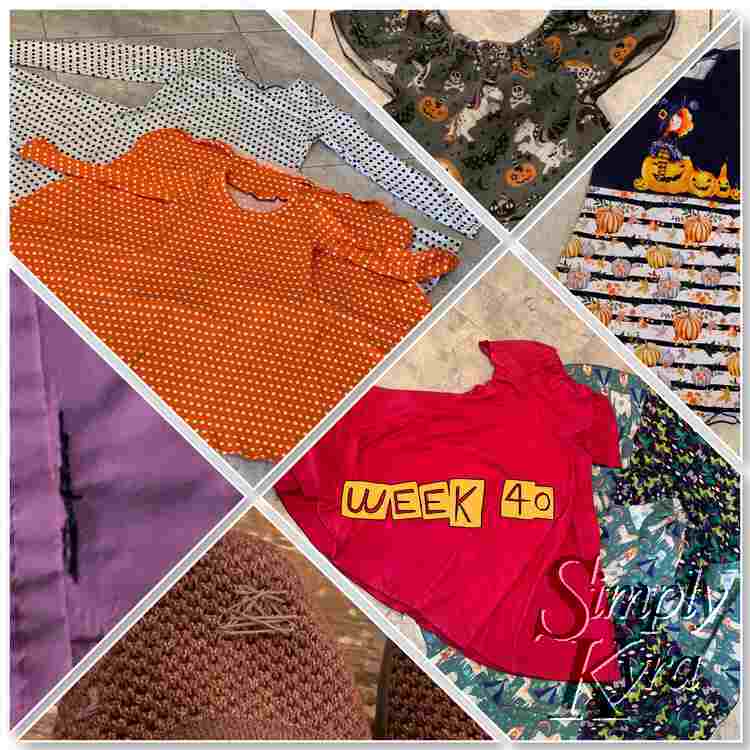 Image is a collage of six angled images. From bottom left to upper right they go: patched hat, embroidery patched flats, two twirly polka-dotted dresses, two nightgowns, one sleeve cropped nightgown, and one pumpkin dress. 