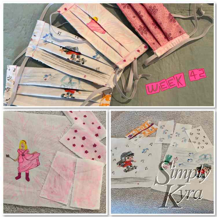 Image is one large photo at the top and two smaller side by side ones below. The text, in pink, says "week 42". The top image shows all four finished masks. On the bottom left you see the pink pieces for the drawn "Pink Princess" mask while on the right you see the pieces for the "Princess Skateboarder"
