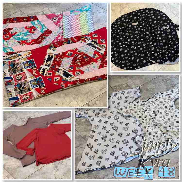 Collage of four images showing two items in each. The bottom right says "week 48" in light blue. The top left image shows a hexagon shaped quilted pillowcase while the top right shows two large skirted eyeball decorated black dresses. At the bottom there's two long sleeved raglan style sweaters in two colors (left side) and two dresses on the right festooned with cacti or insects with the odd bit of color showing. 