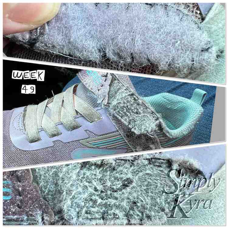 Collage has three images stacked on top of each other showing a closeup of the fix (top and bottom) and an image of the whole top of the shoe (center). The words in white say "week 49".
