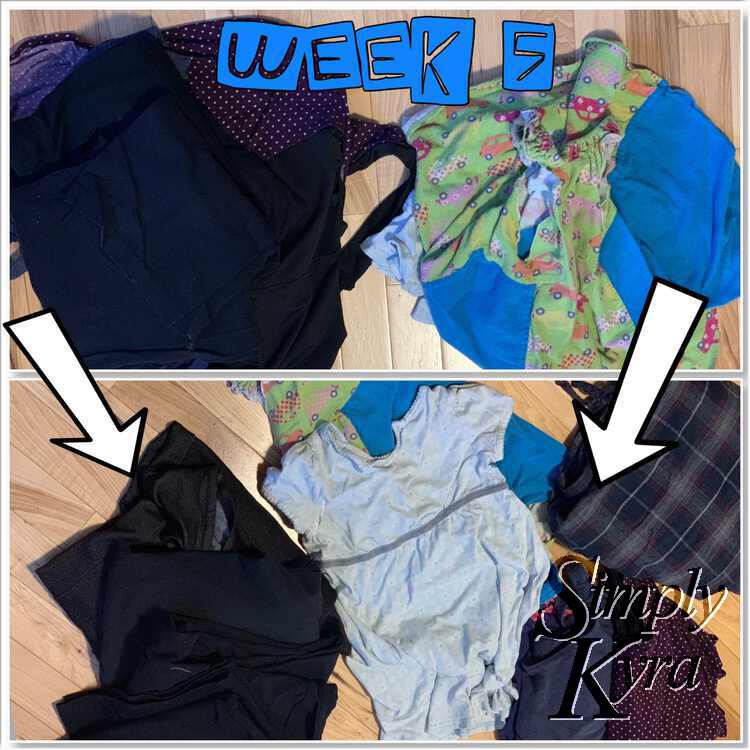 Image shows two photos one above the other. The top is the ripped garments while below they're fixed and folded into piles. The words "week 5" are along the top and there are two white arrows pointing down from the top. 