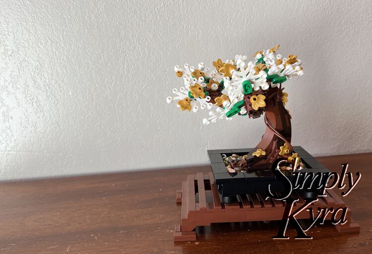 Image is taken from the side showing the left side of the finished bonsai tree showing the gold leaves on its base.