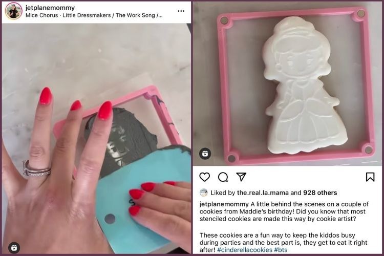 Image is two screenshots side by side of the same video. The left side shows the person's name and an image of scrapping black over a cookie. The right image shows the cookie with a princess outline on it and the caption below.